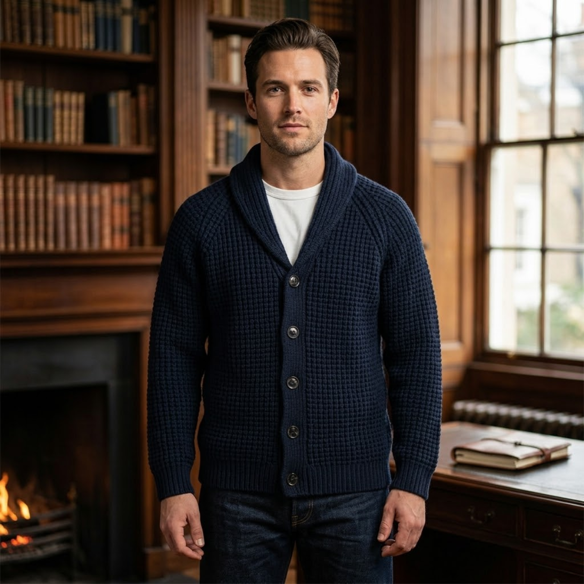 Men’s navy chunky shawl cardigan worn with white shirt and dark jeans