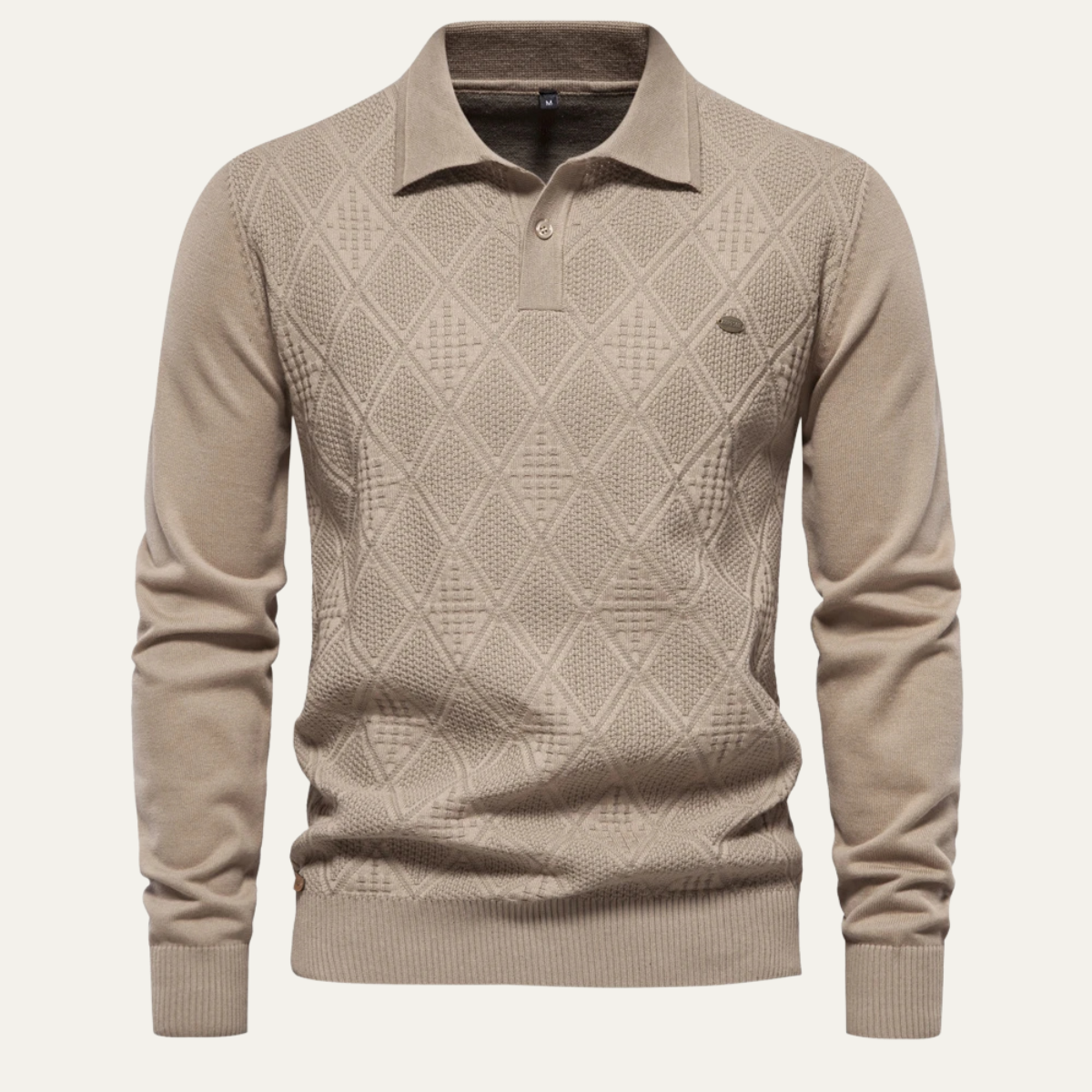 Men's khaki diamond-knit polo sweater with button collar and ribbed cuffs