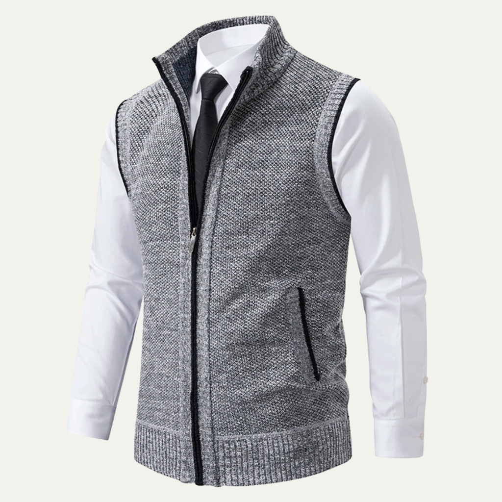 Light gray heather knit zip-up sweater vest with stand collar and side pockets