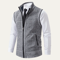 Light gray heather knit zip-up sweater vest with stand collar and side pockets