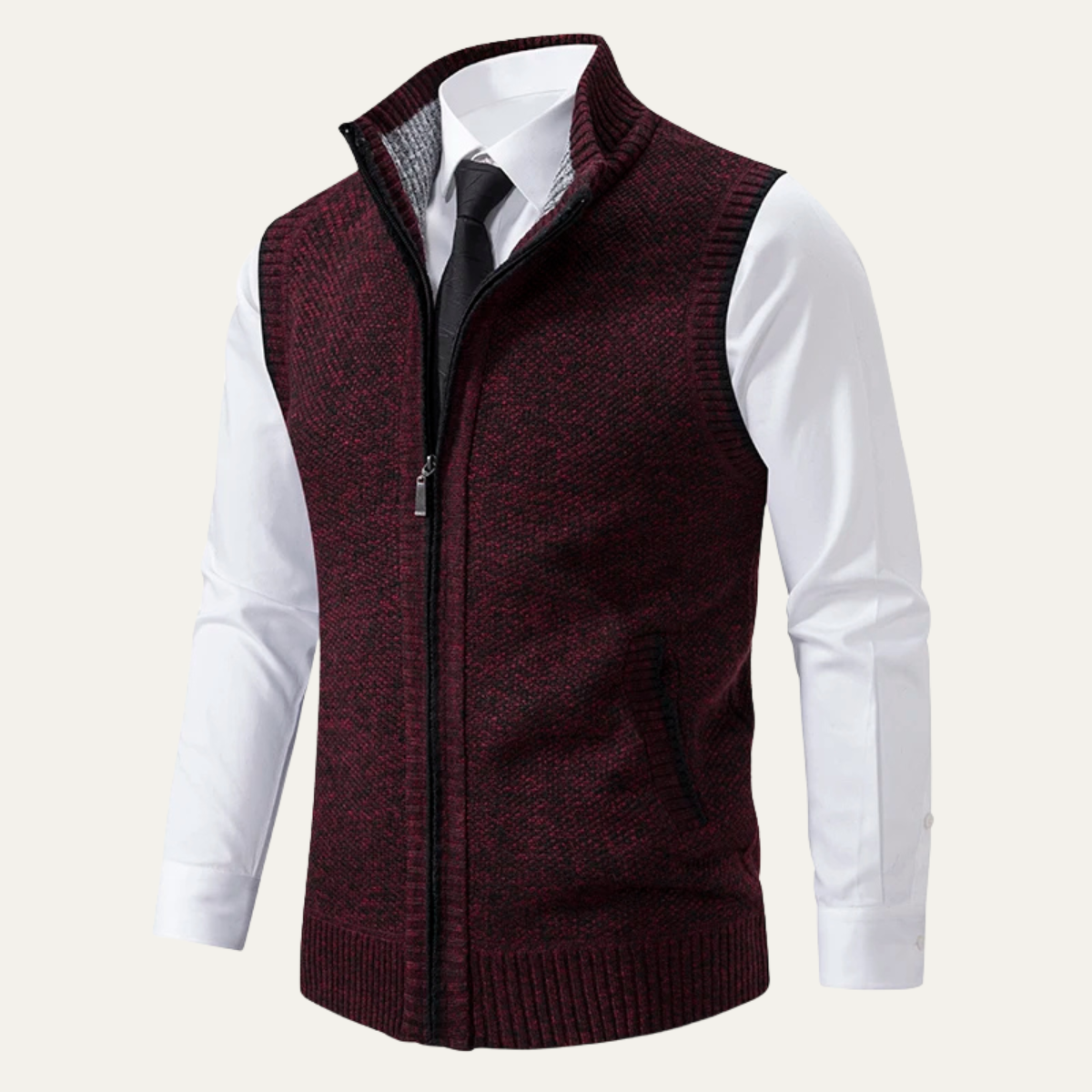 Burgundy knit zip-up sweater vest with ribbed trim and side pockets