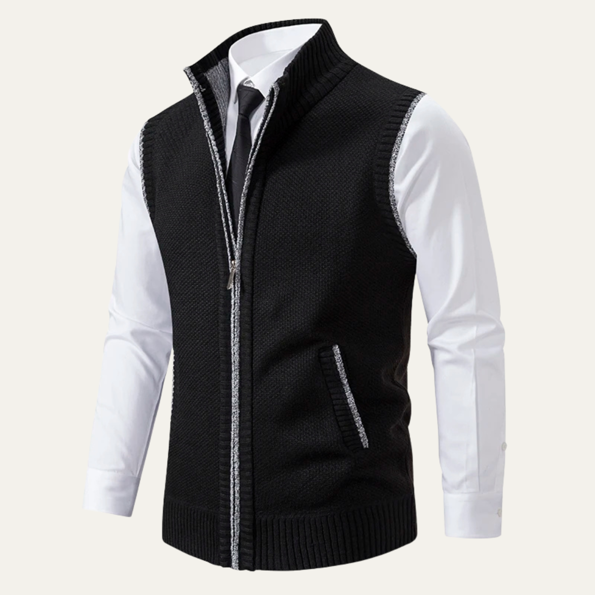 Black knit zip-up sweater vest with ribbed trim and side pockets