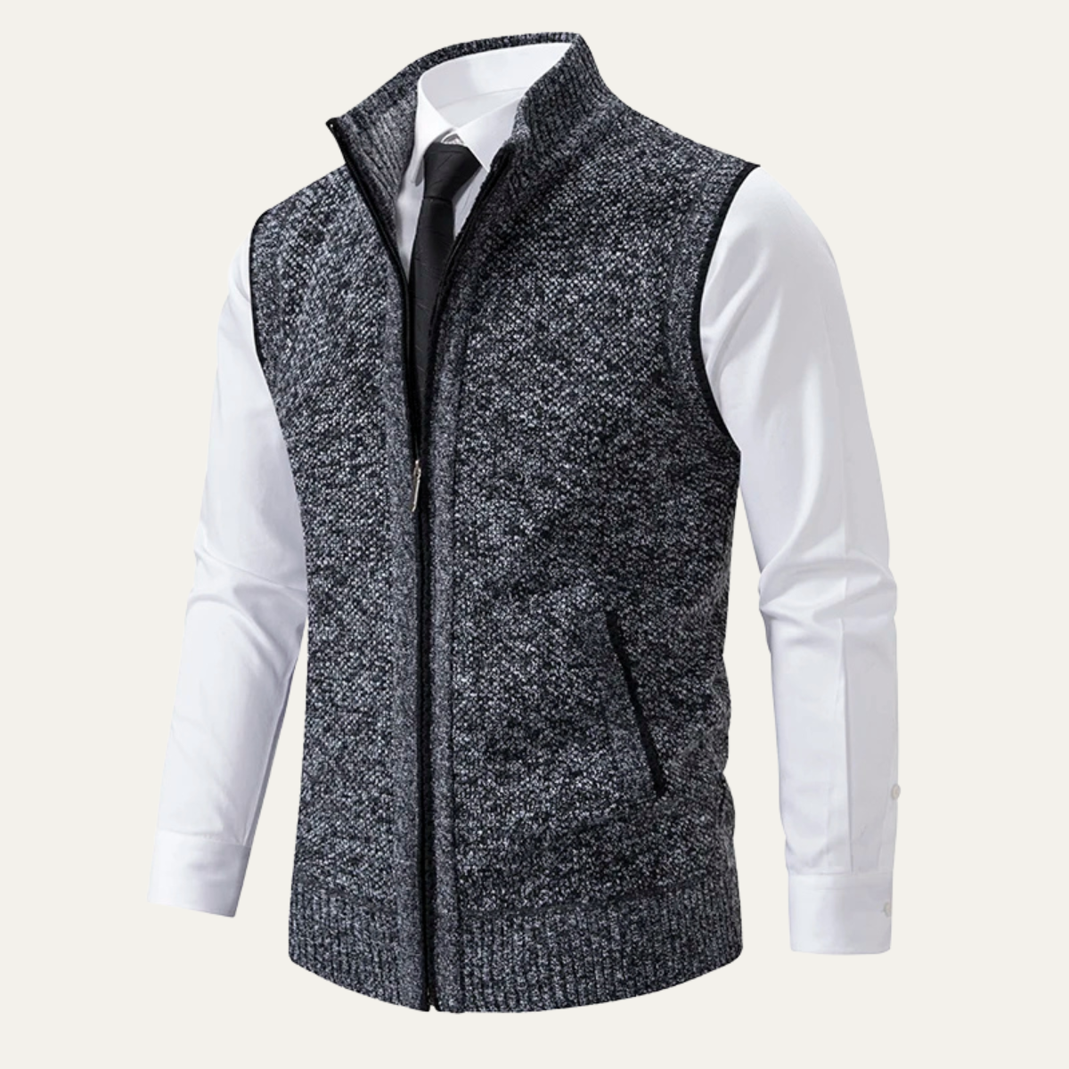 Dark gray heather knit zip-up sweater vest with zip front and side pockets