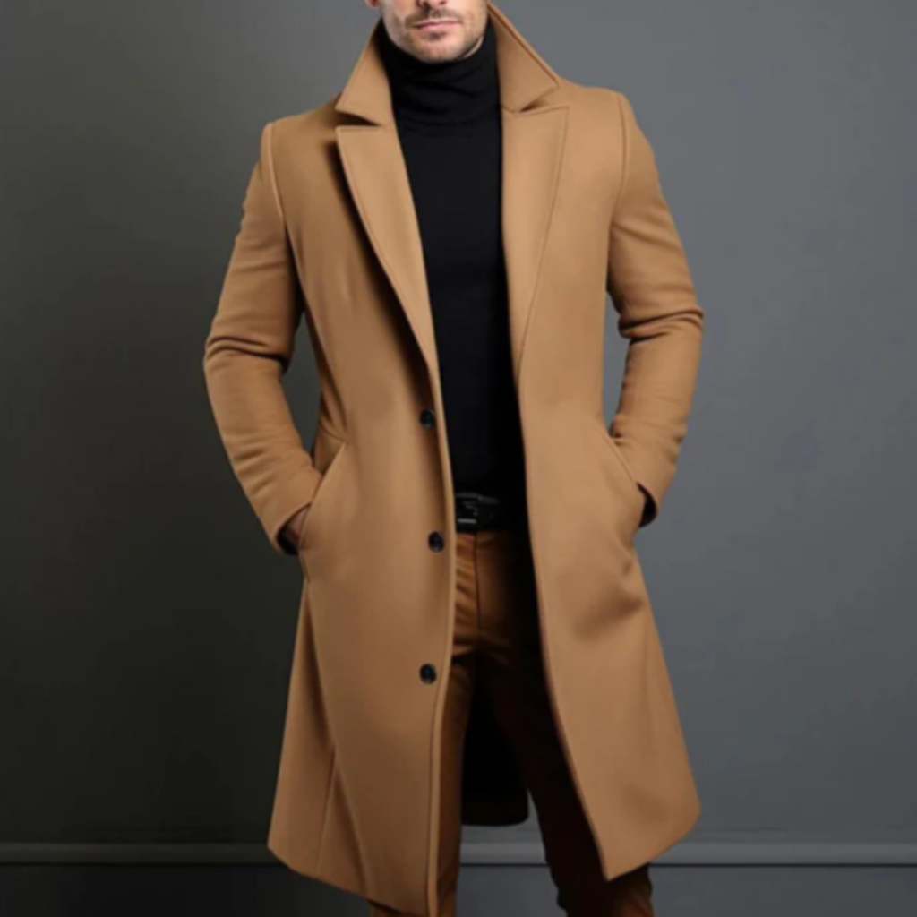 Men's khaki wool overcoat worn open, notched lapels, button front, long sleeves