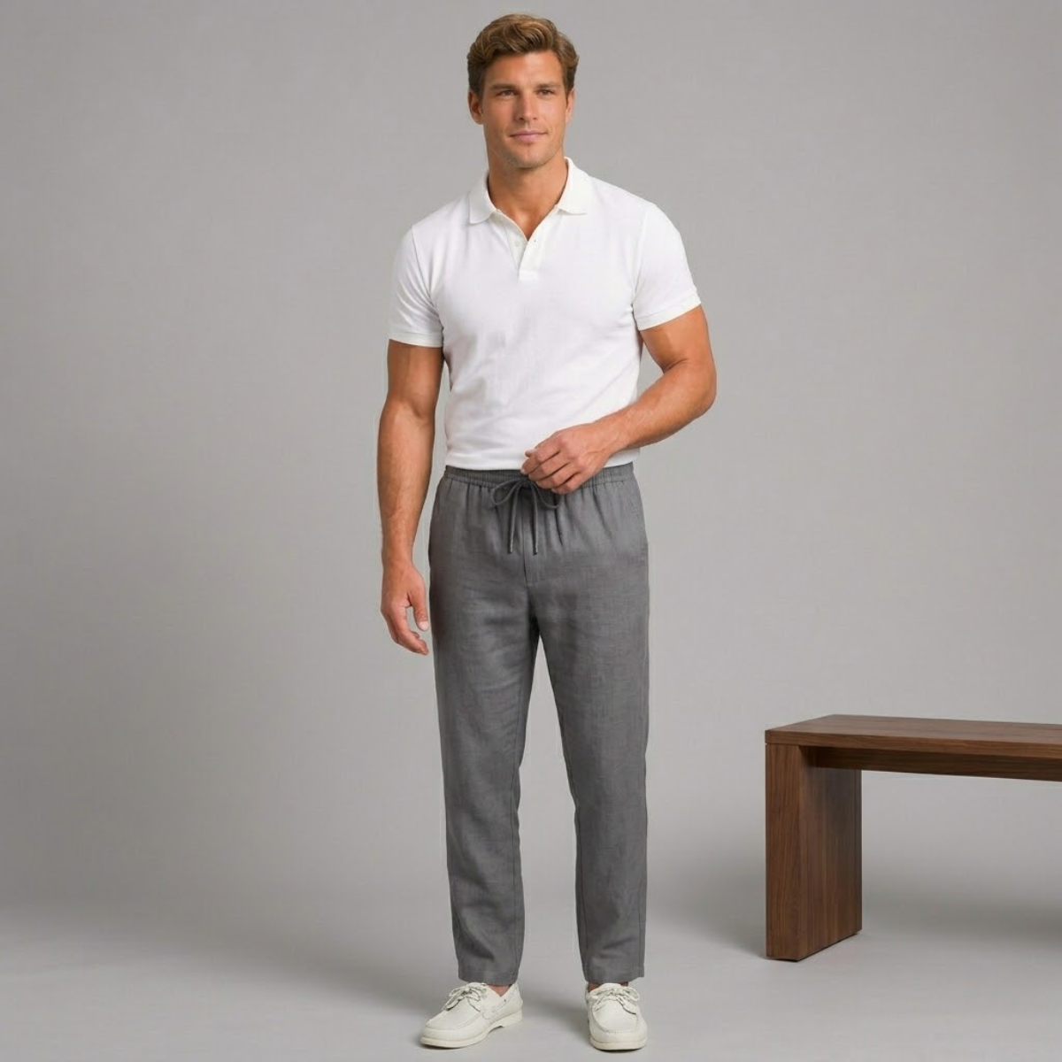 Men's hemp straight-leg pants in dark gray, elastic waistband with drawstring