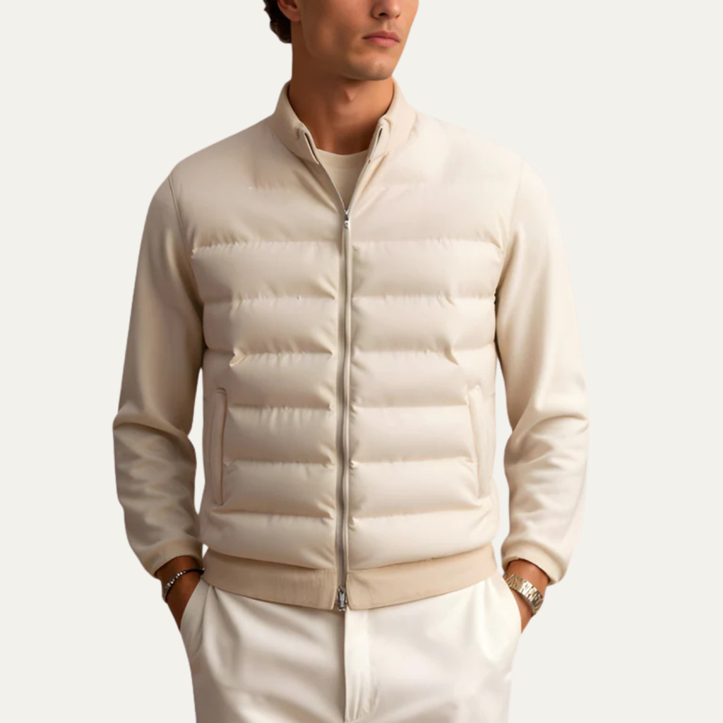 Lightweight down puffer vest in beige with full-zip front and stand collar