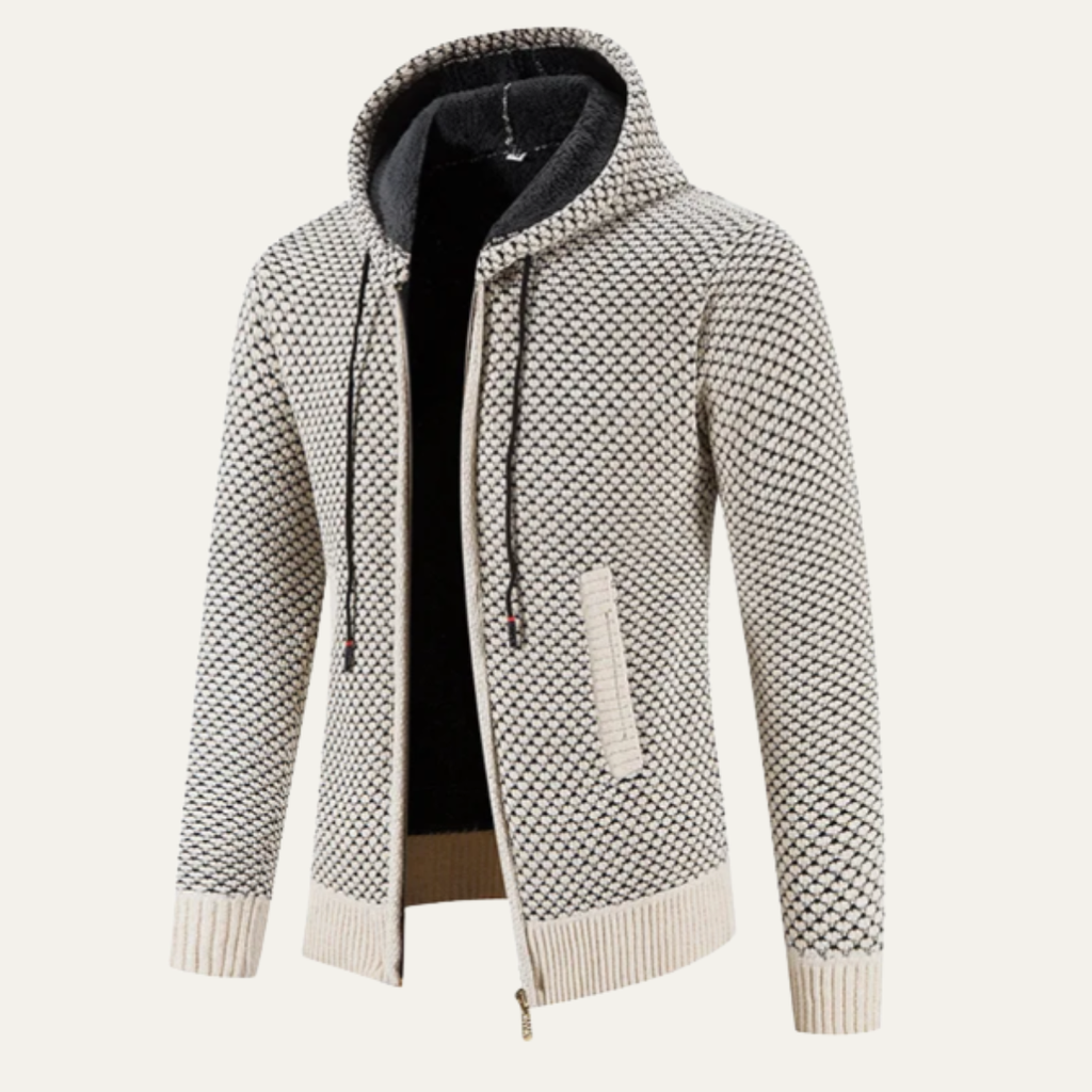 Cream textured full-zip hoodie with drawstring hood, fleece lining and kangaroo pocket