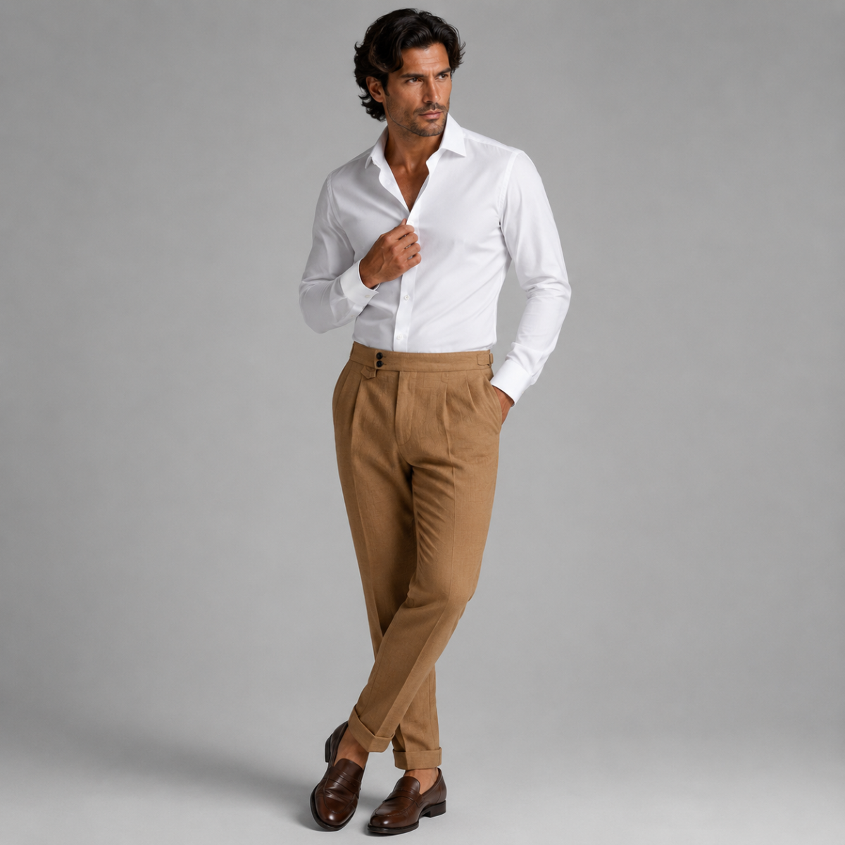 Men's tailored high-waisted pleated dress pants in brown
