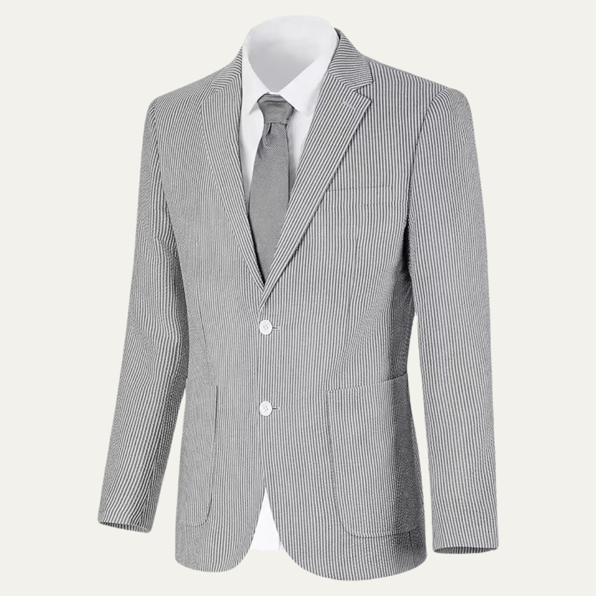 Gray pinstripe smart blazer with notch lapels, button-front closure and welt pockets.