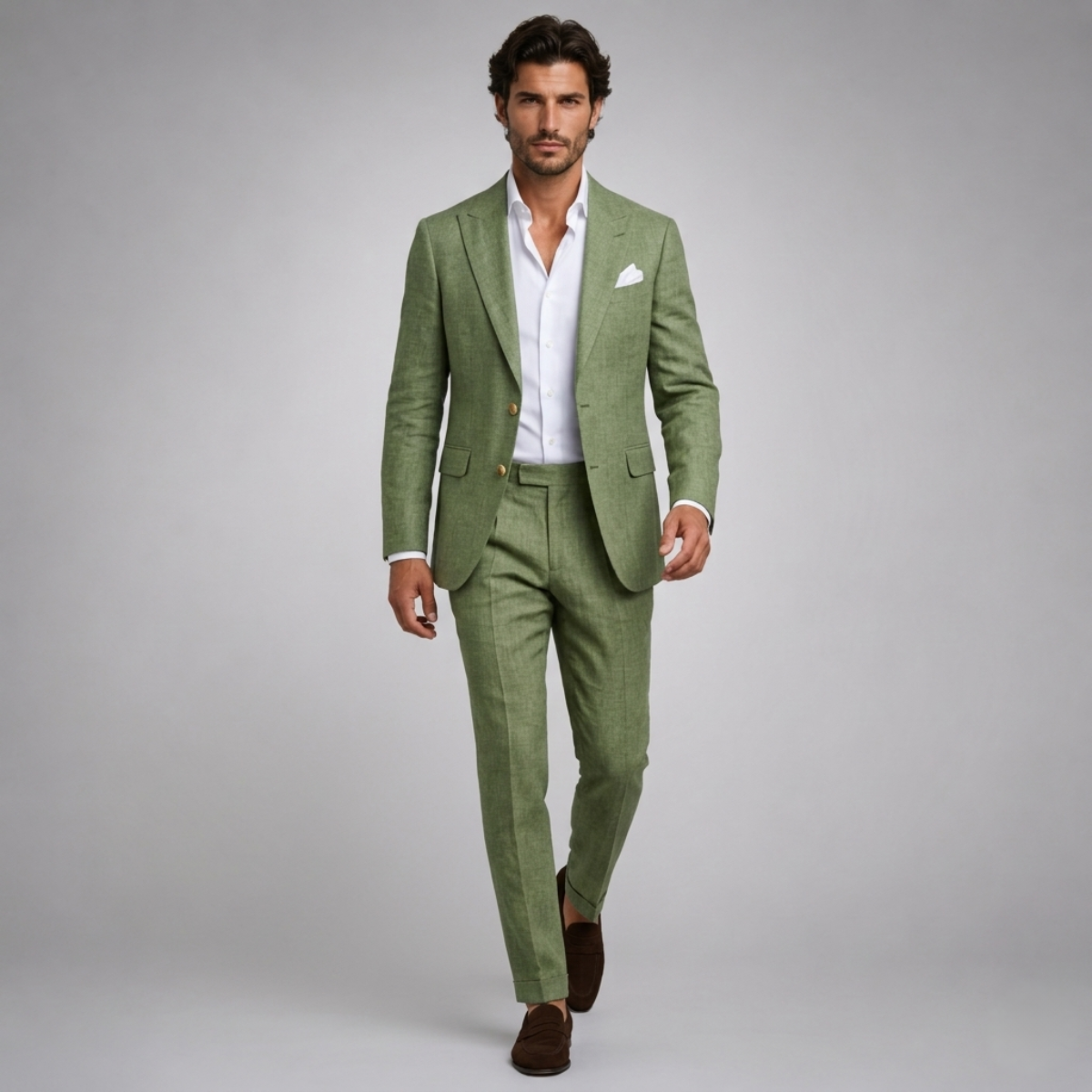 Green linen slim-fit suit blazer and pants on model, white pocket square
