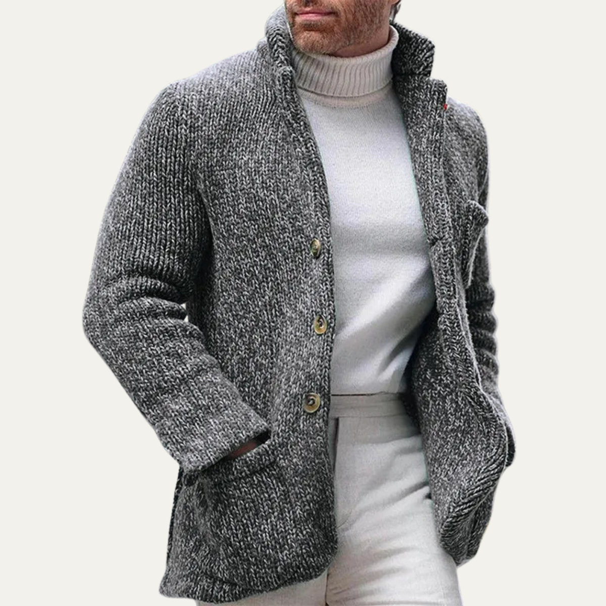 Men's gray knitted cardigan with button front, shawl collar, and ribbed cuffs