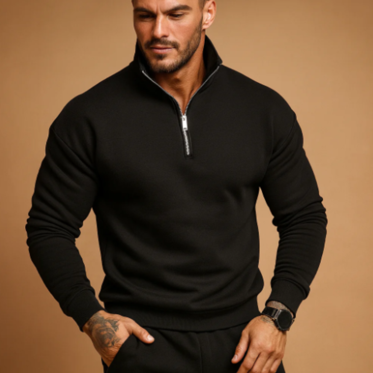 Black men's half-zip knitted sweater with ribbed collar, cuffs, and hem