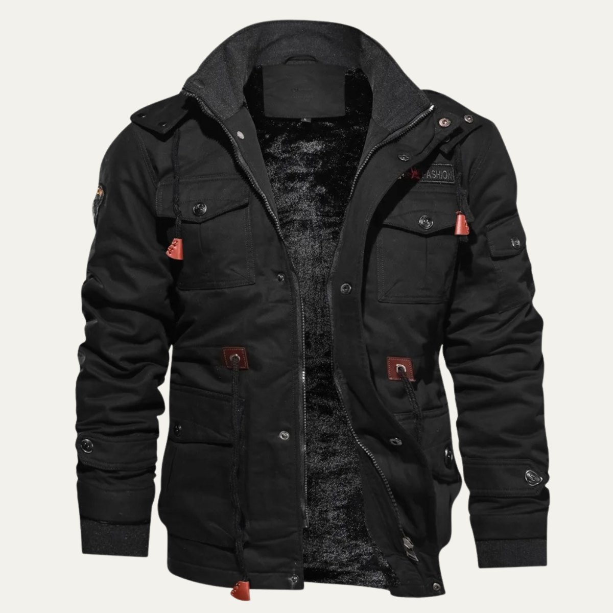 Men's black hooded jacket with thick plush lining, utility pockets, and zip front