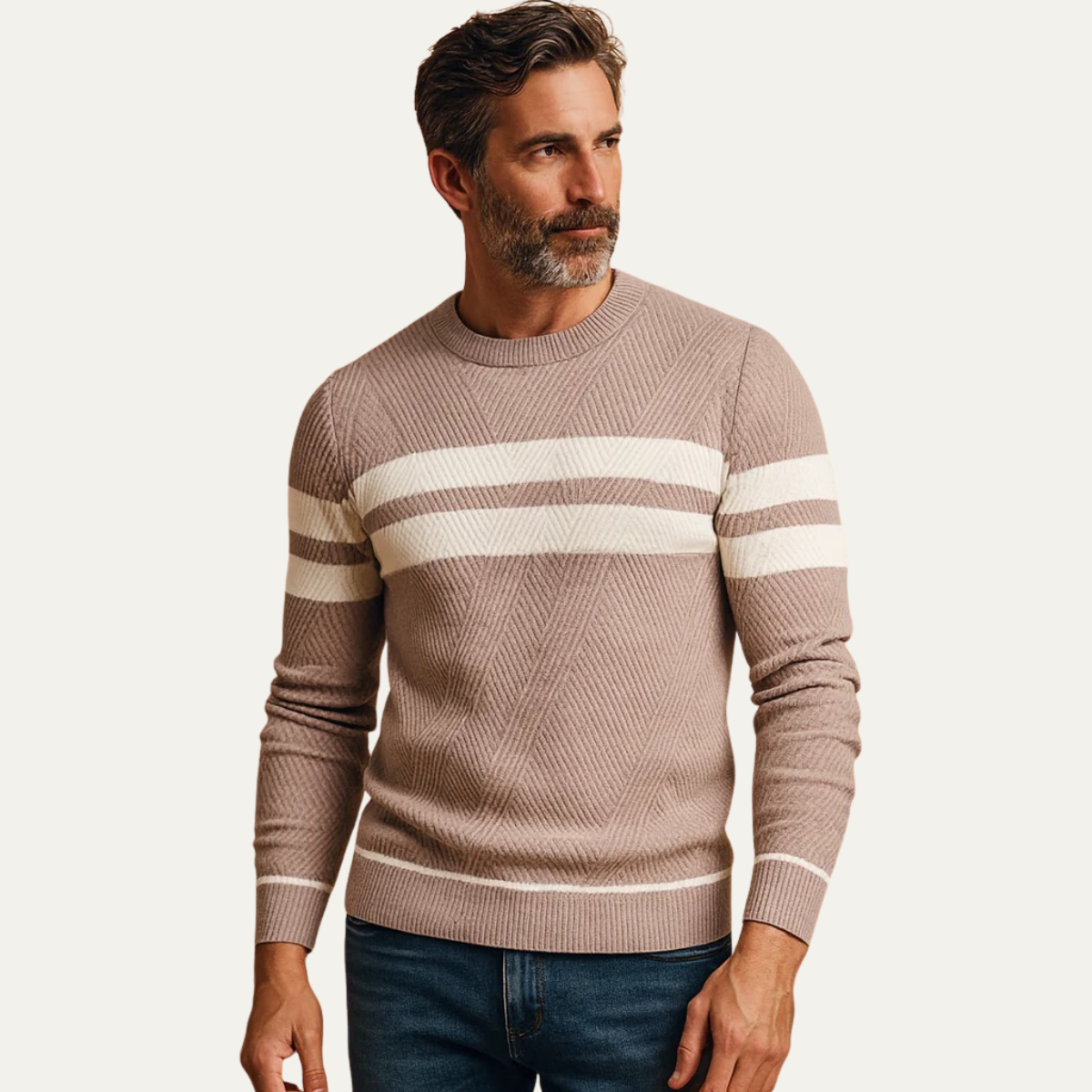 Men's taupe knit sweater with wide white stripe band across the chest