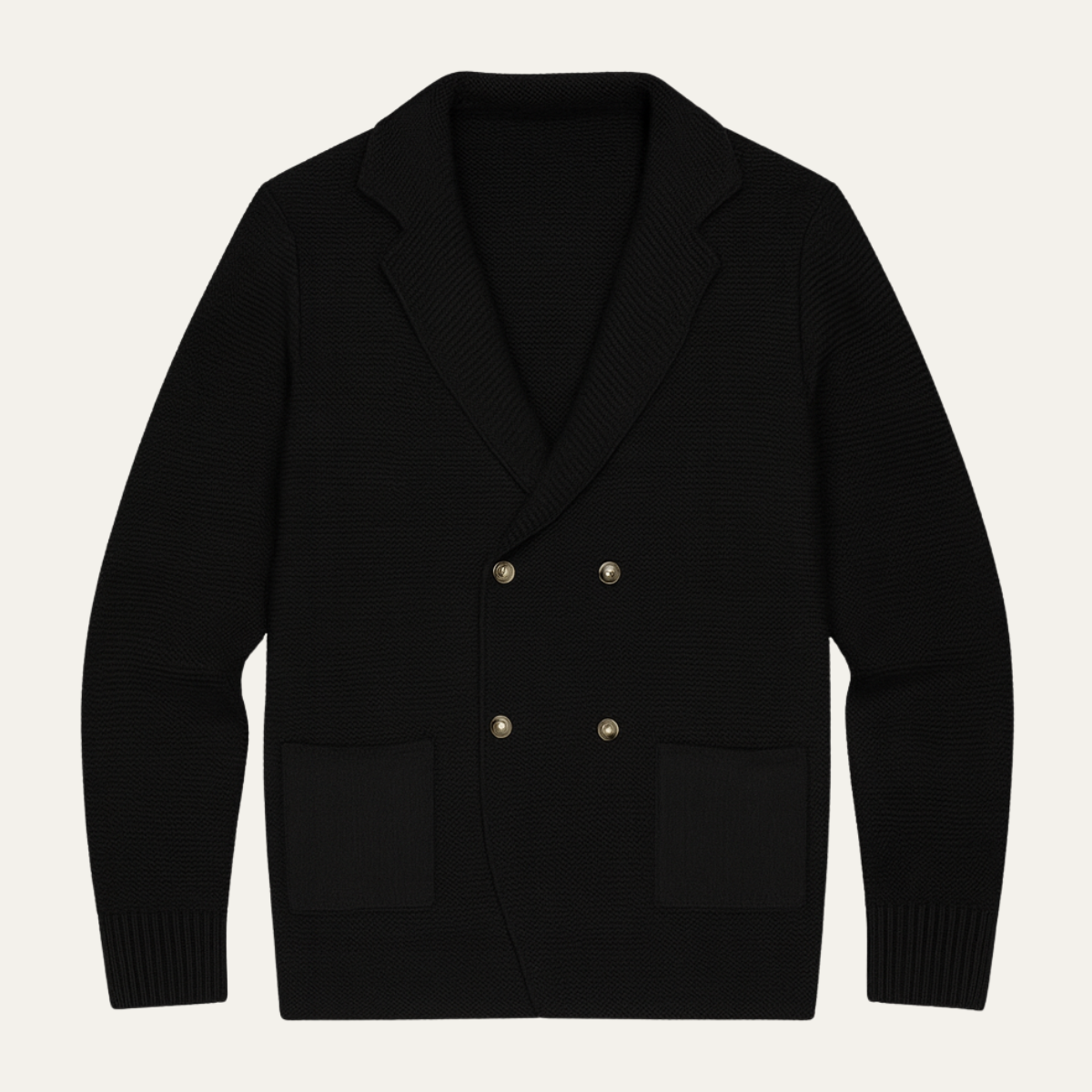 Men's black double-breasted knit cardigan with gold buttons and two front patch pockets