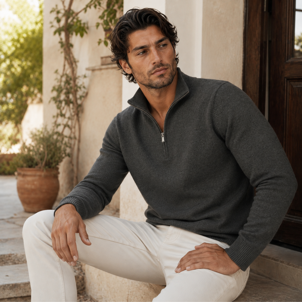 Men’s quarter-zip lightweight knit sweater, dark gray
