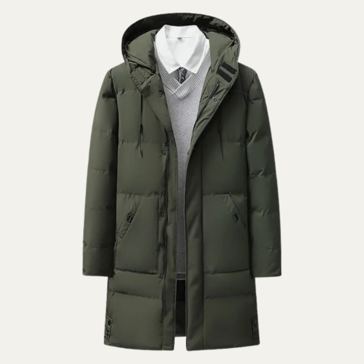 Army green long hooded puffer jacket with quilted panels, front zipper, and flap pockets
