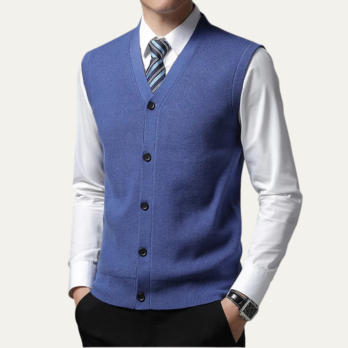 Men's blue V-neck sweater vest with button front and ribbed bottom hem