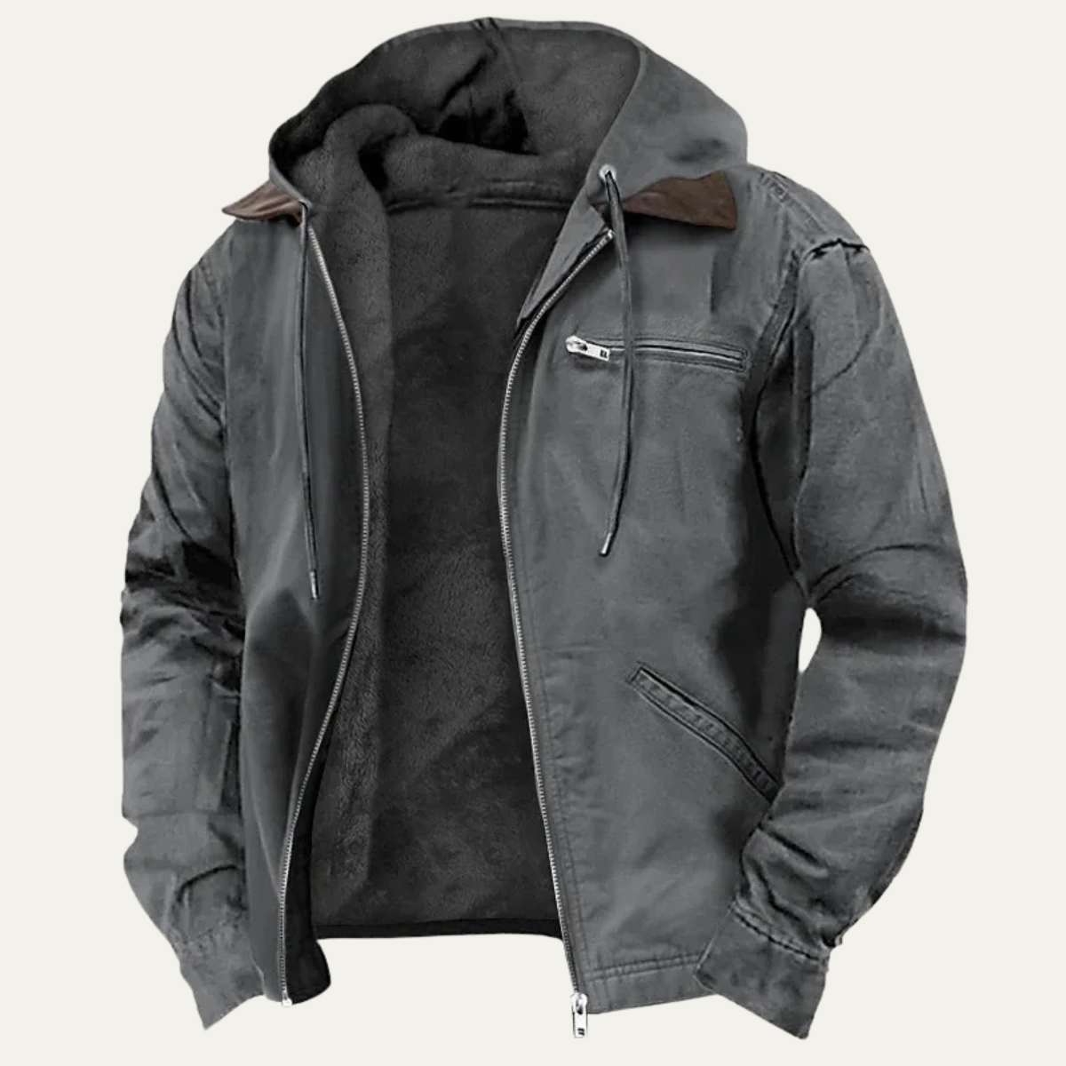 Gray fleece-lined hooded windbreaker jacket with full front zipper and chest zip pocket