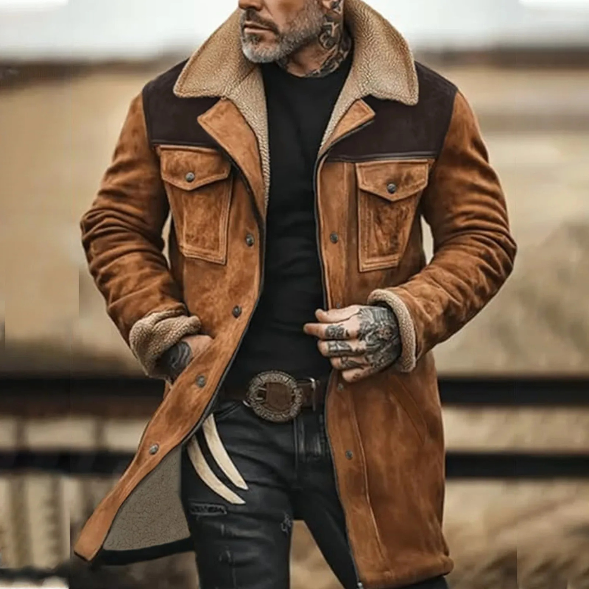 Suede sherpa-lined jacket in brown with tan sherpa collar and chest pockets