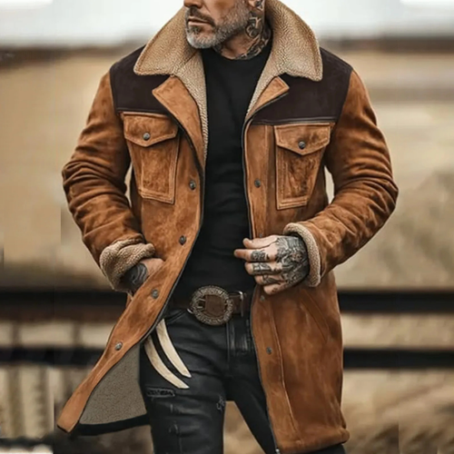 Suede sherpa-lined jacket in brown with tan sherpa collar and chest pockets