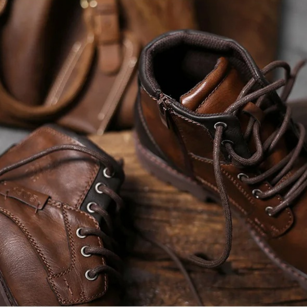 Brown leather combat boots with lace-up front and cushioned interior lining