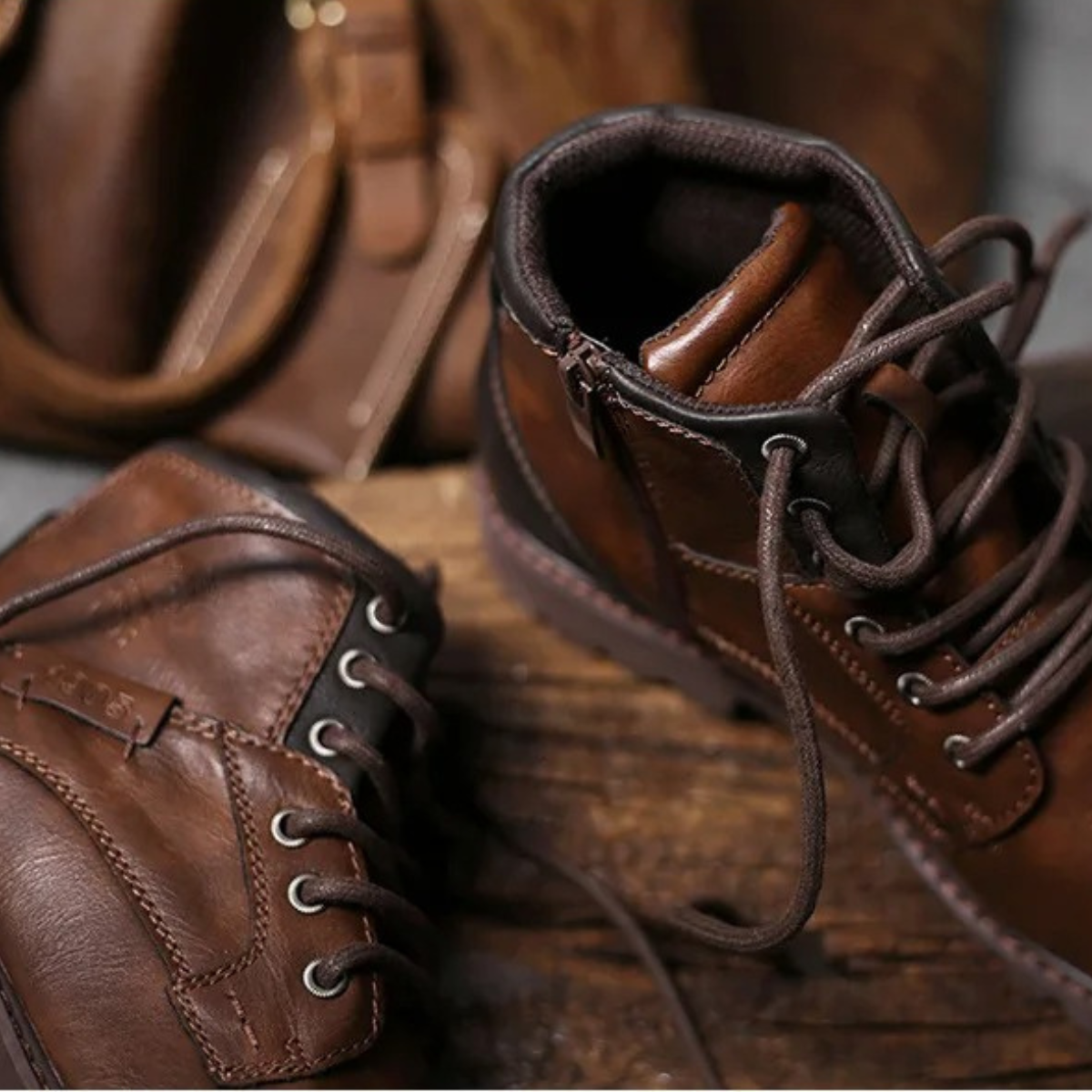Brown leather combat boots with lace-up front and cushioned interior lining