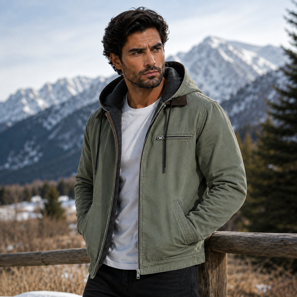 Men's hooded fleece-lined jacket in olive green with zip front and drawstring hood.