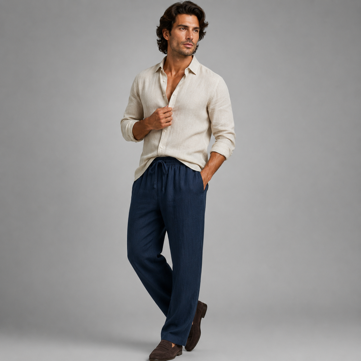 Men's navy linen loose-fit pants with elastic waistband and drawstring