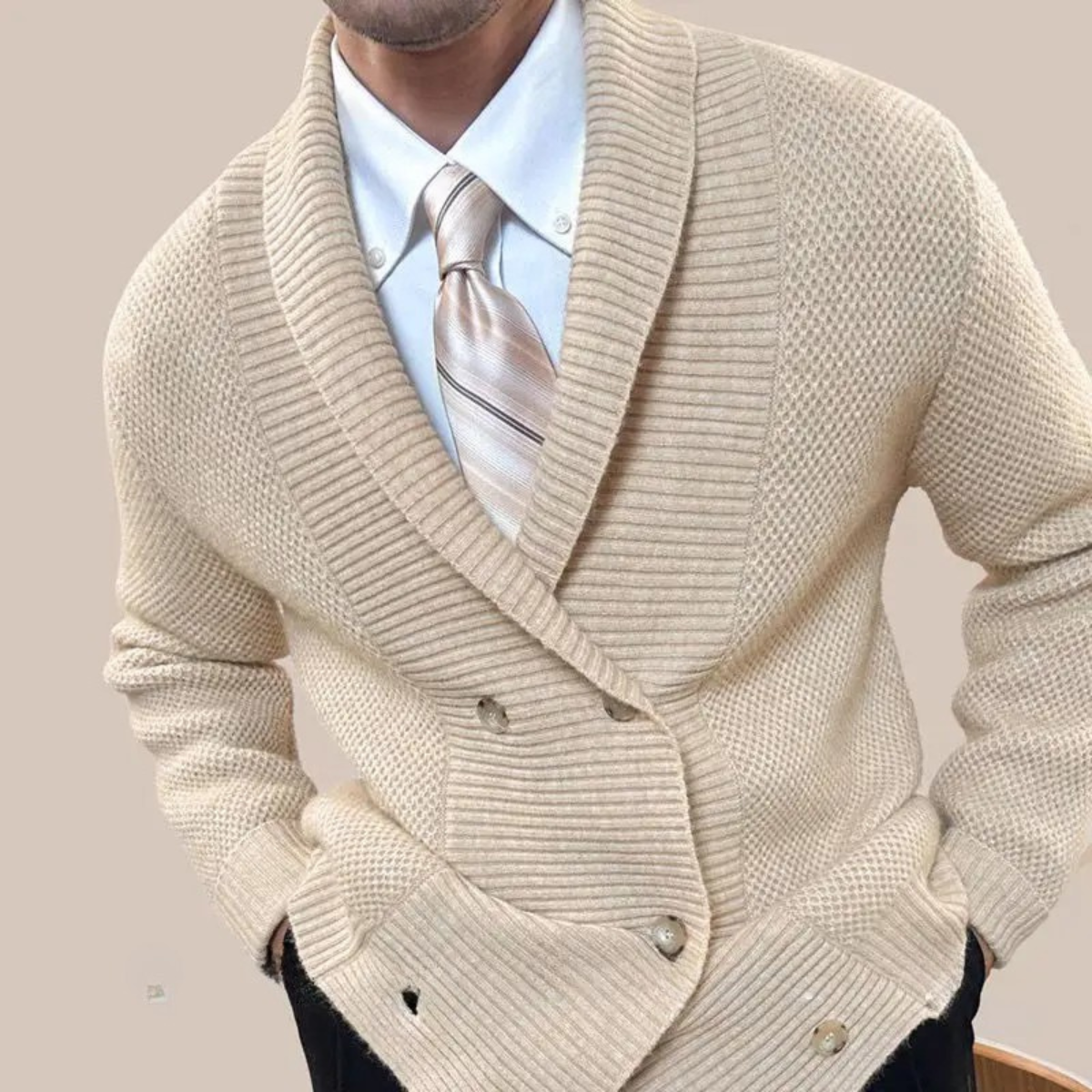Beige shawl-collar double-breasted chunky knit cardigan, button placket detail