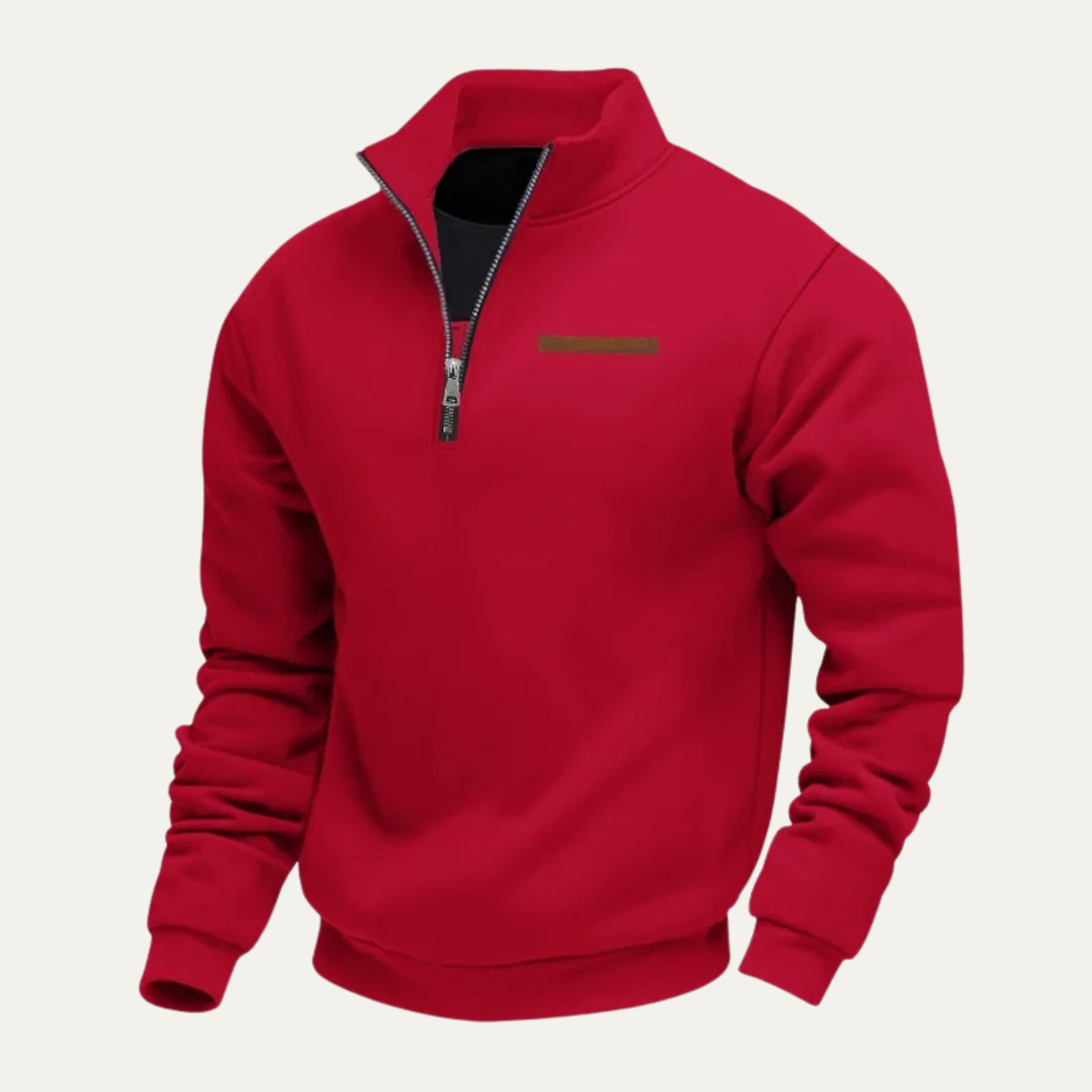 Red men’s half-zip stand-collar sweater with chest trim patch