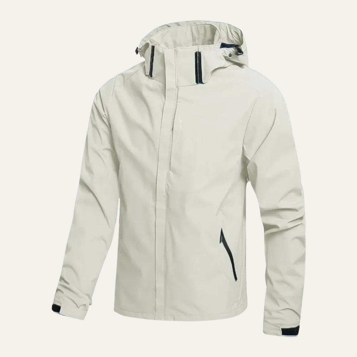 Beige waterproof hooded rain jacket with front zipper and adjustable hood