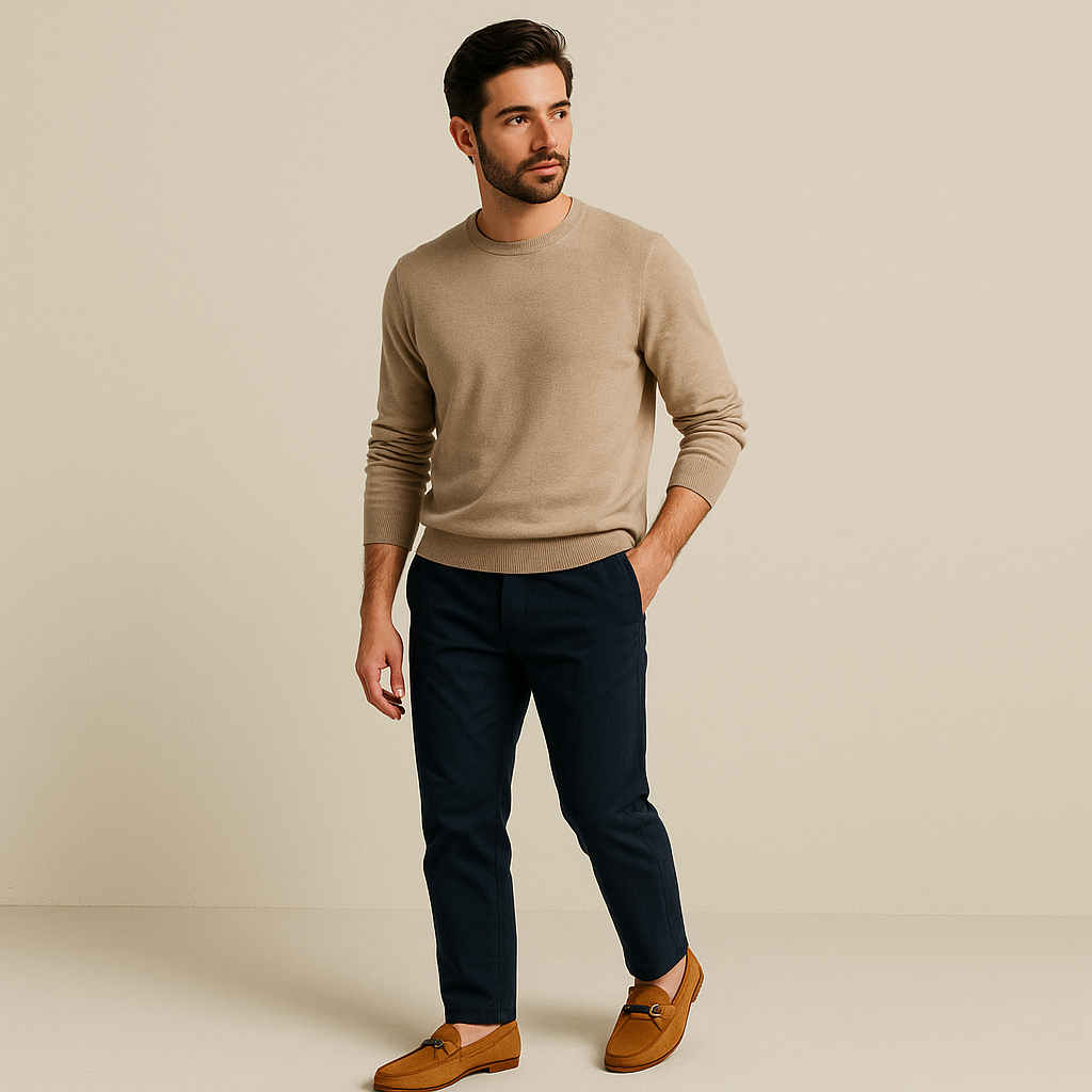 Tan suede smart loafers with metal buckle, worn with dark trousers