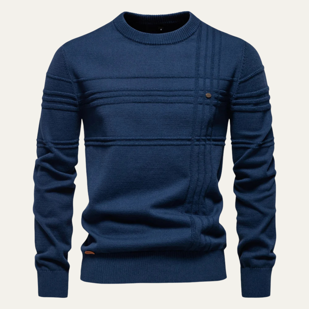 Men's crew neck sweater, blue, ribbed cuffs, button placket at chest, front view