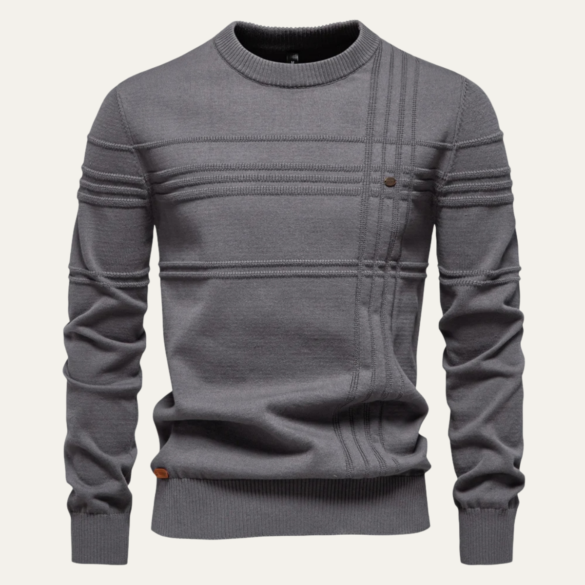 Men's crew neck sweater, gray, button placket at chest, ribbed cuffs, front view