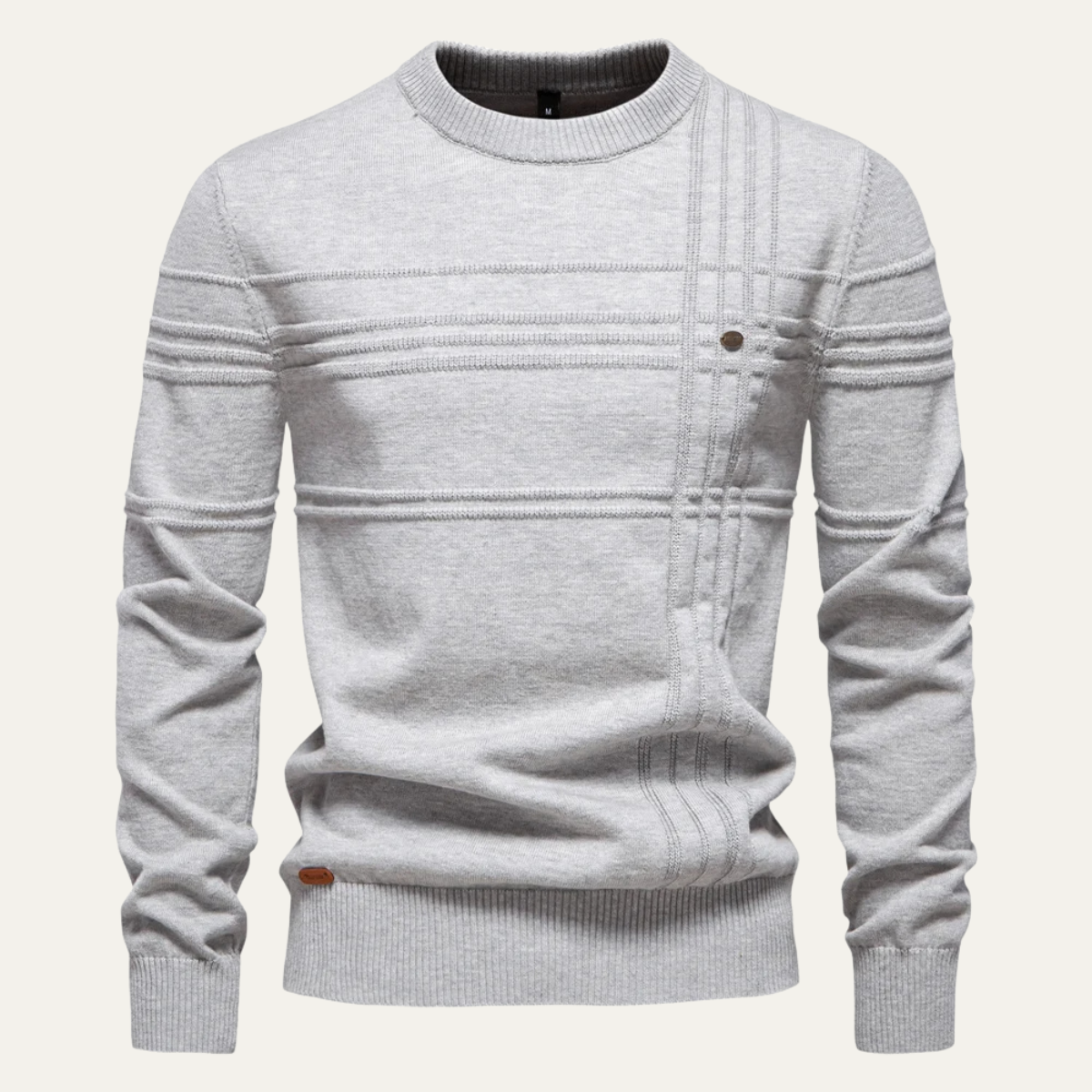 Men's crew neck sweater, light gray, button placket at chest, ribbed cuffs, front view