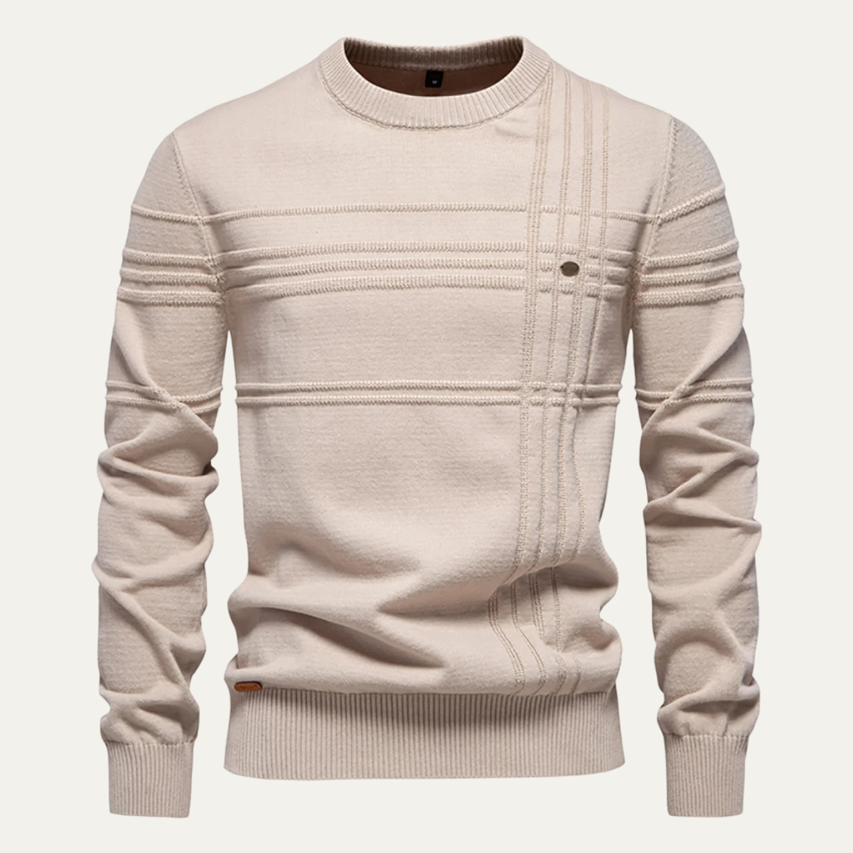 Men's beige crew neck knit sweater with ribbed collar and horizontal panel details