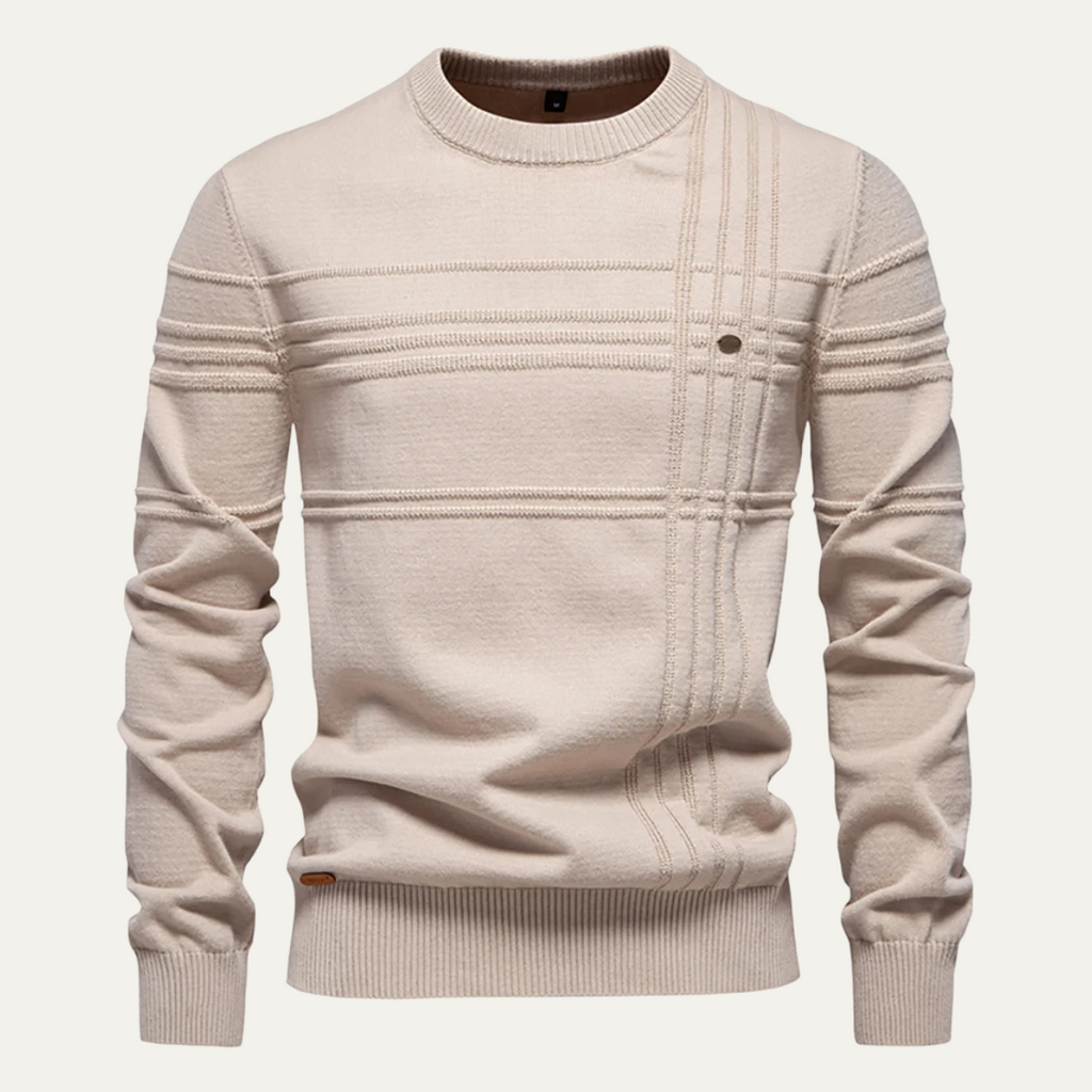 Men's beige crew neck sweater with ribbed collar, cuffs, hem and plaid chest panel