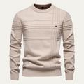 Men's beige crew neck sweater with ribbed collar, cuffs, hem and plaid chest panel