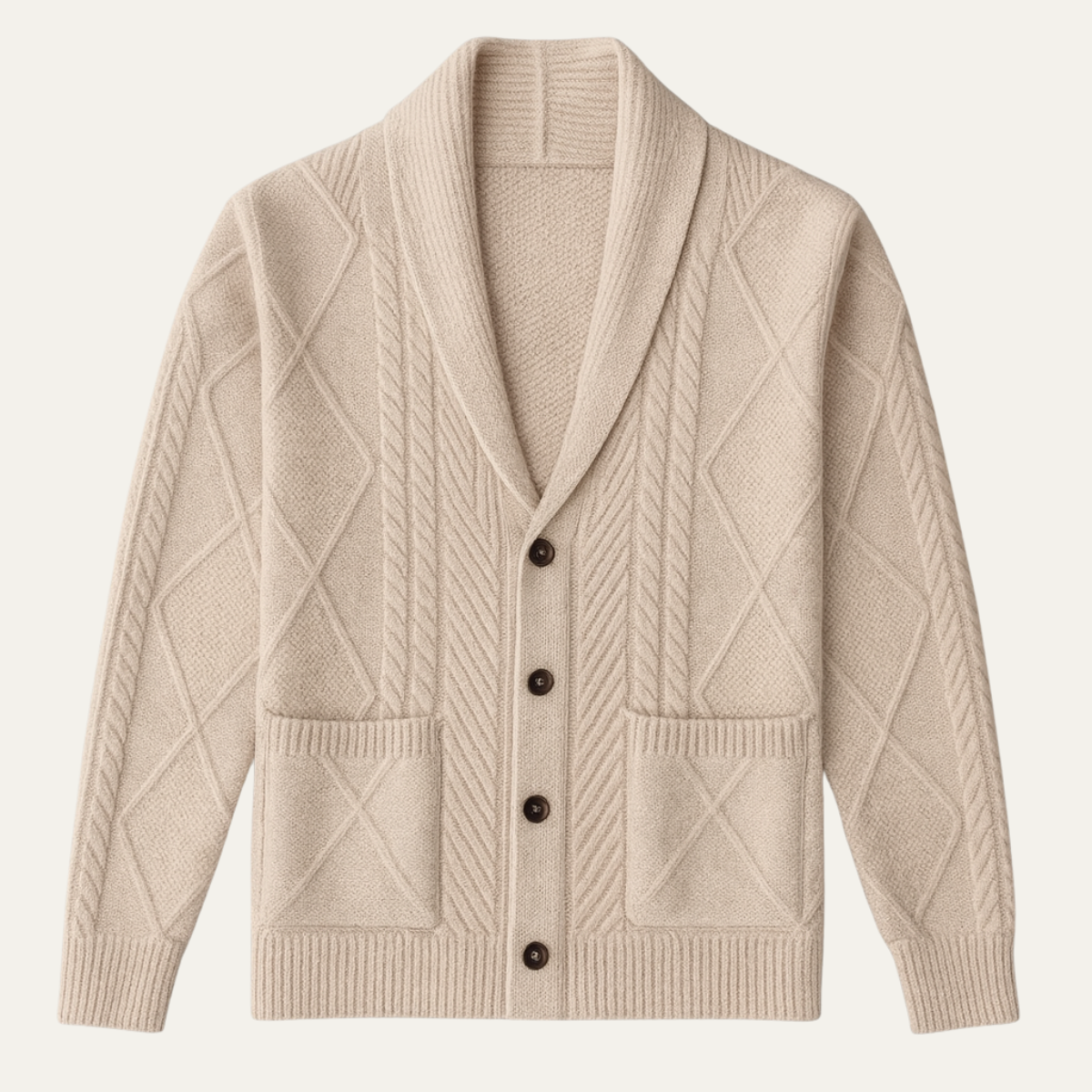 Beige men's wool button cardigan with cable knit diamonds and chest pockets
