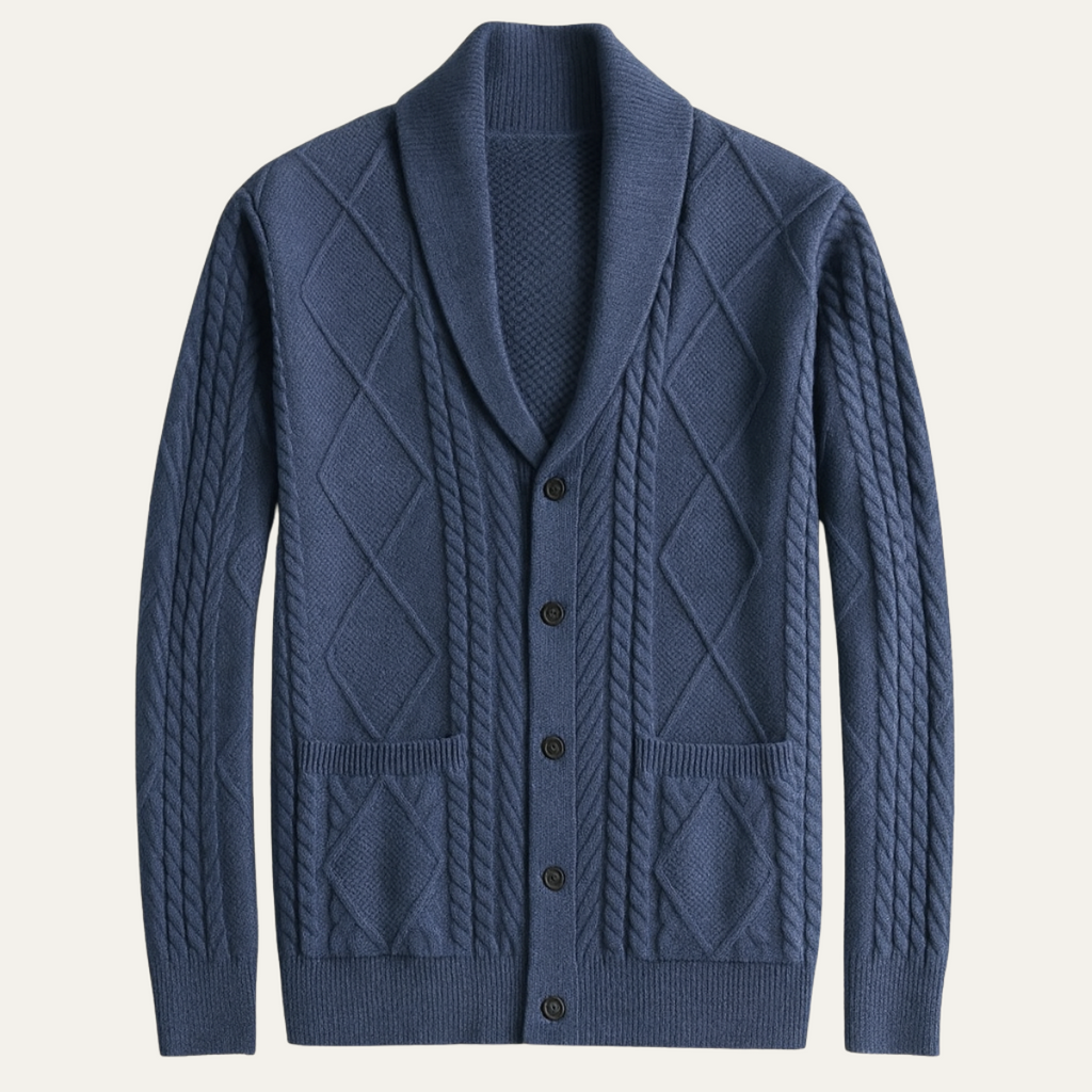 Blue men's wool button cardigan with cable knit panels and ribbed hem
