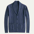 Blue men's wool button cardigan with cable knit panels and ribbed hem