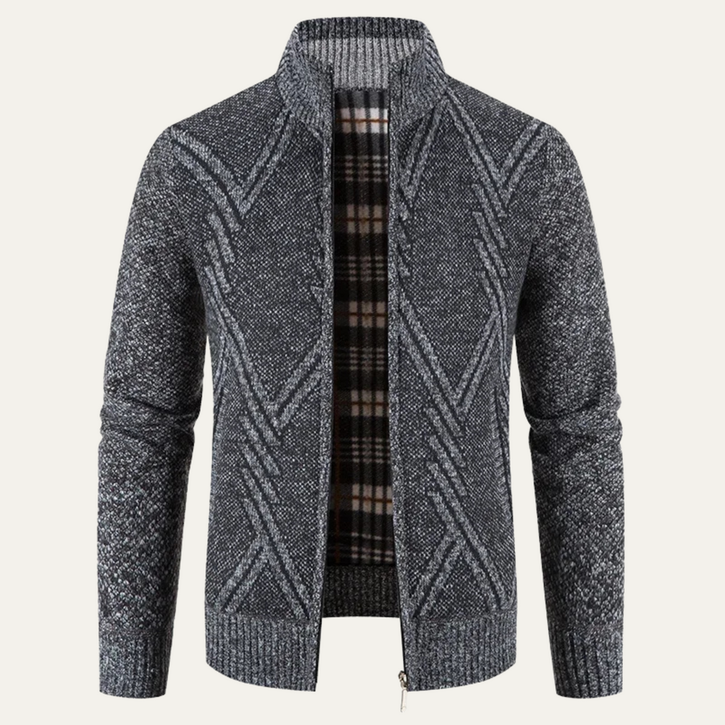 Men's knitted zip cardigan, dark gray-blue with patterned panels and ribbed collar