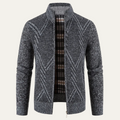Men's knitted zip cardigan, dark gray-blue with patterned panels and ribbed collar