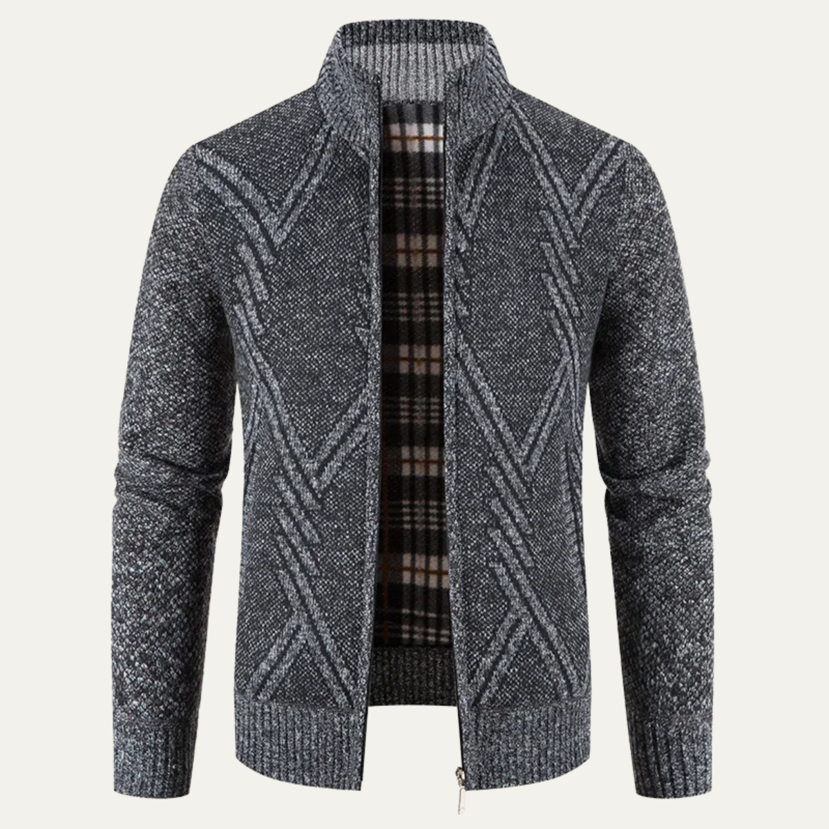 Men's knitted zip cardigan, dark gray-blue with patterned panels and ribbed collar