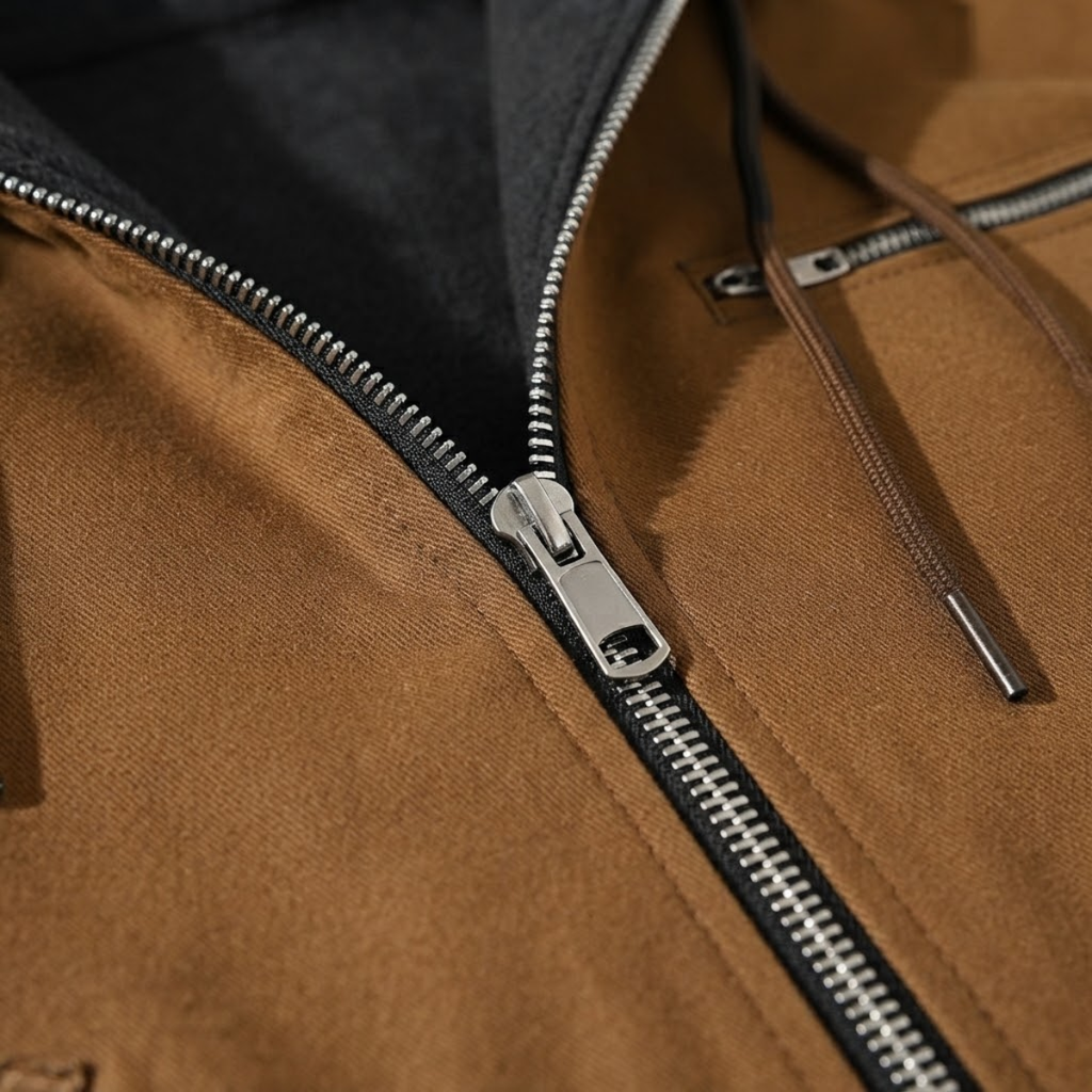 Close-up of a brown jacket zipper with metal pull and stitched placket details.