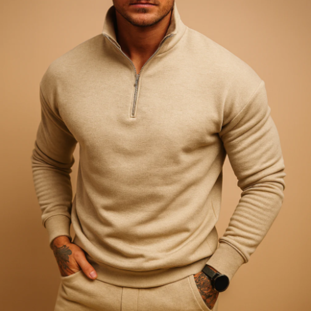 White men's half-zip knitted sweater with ribbed collar, cuffs, and hem