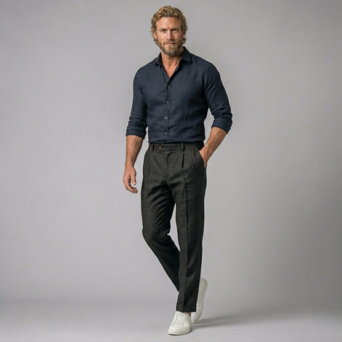 Mens slim fit lightweight linen dress pants in dark gray, with belt loops and center crease.