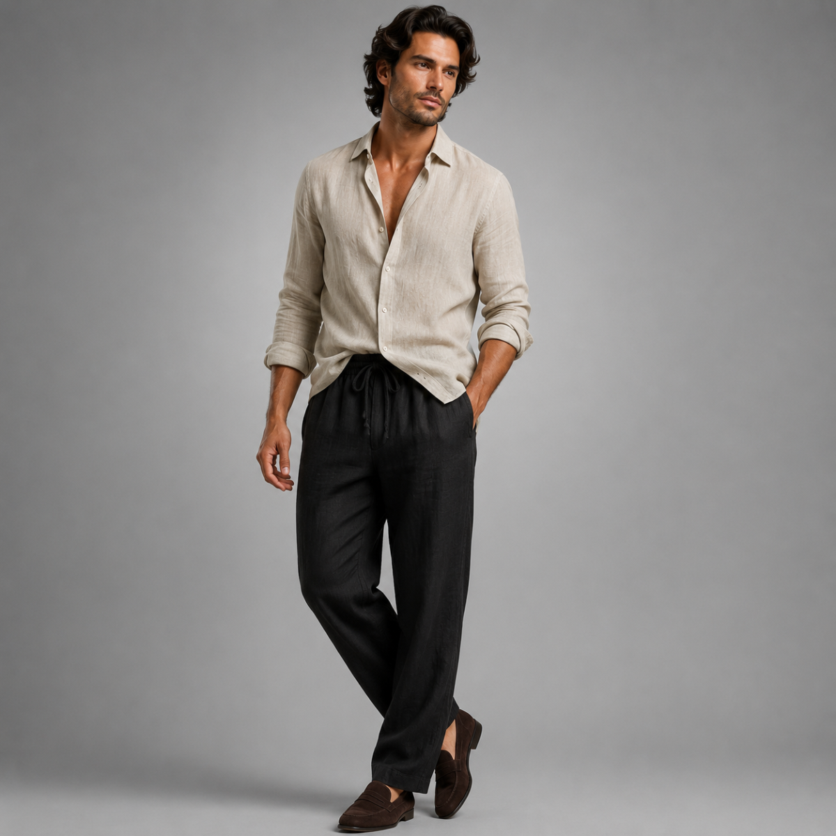 Men’s linen elastic waist loose-fit pants, black with drawstring