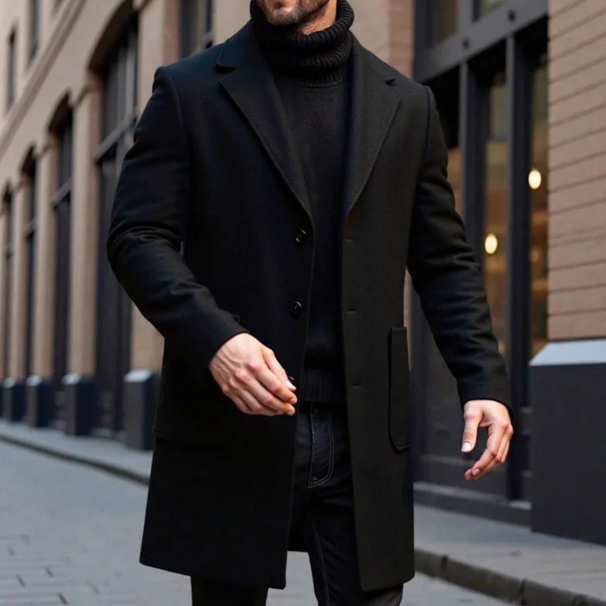 Men’s black slim-fit overcoat with notched lapels and button front, styled front view